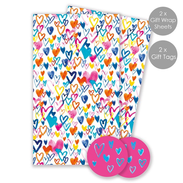 Abacus Hearts gift wrap sheets and tags pack, UK version