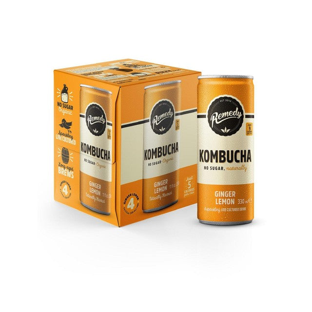 Remedy ginger lemon kombucha 4 x 330ml, imported from the UK