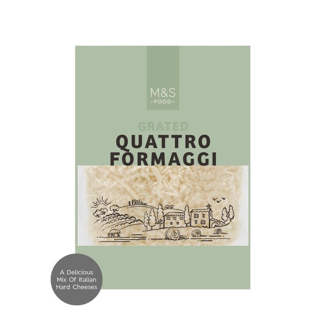 M&S Grated Quattro Formaggi Italian cheese mix 110g, imported from the UK