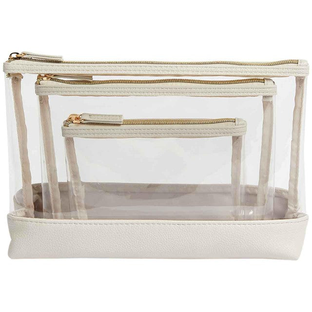 M&S 3-piece clear makeup bag set in light cream, imported from the UK