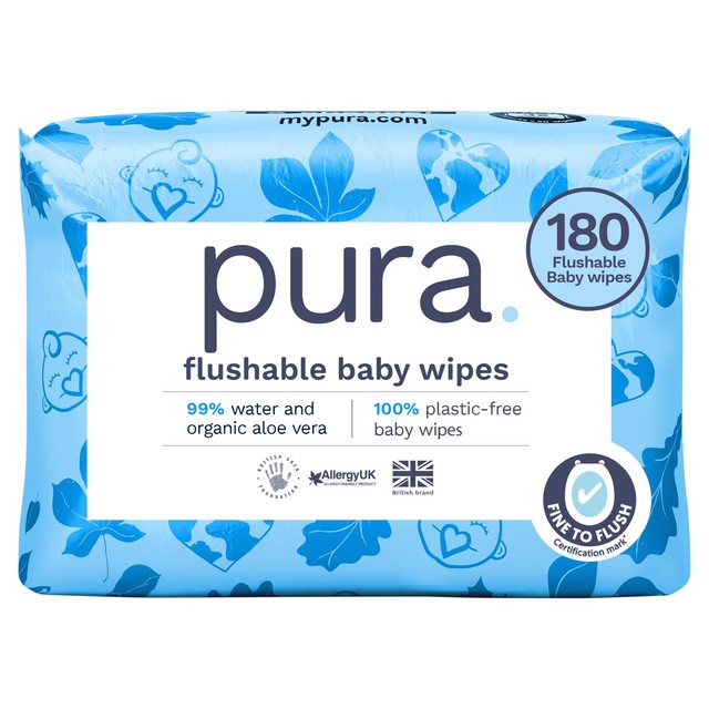Pura plastic-free flushable baby wipes 3-pack of 60 each, imported from the UK