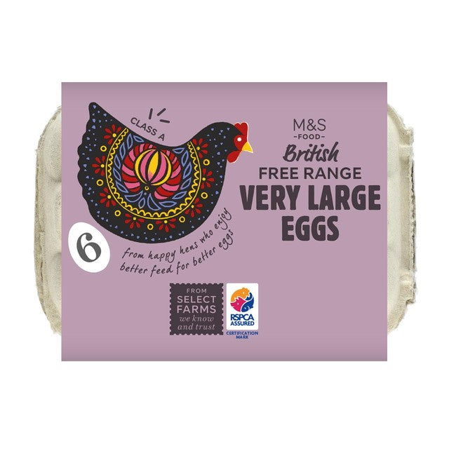 M&S free range very large eggs 6 pack, imported from the UK
