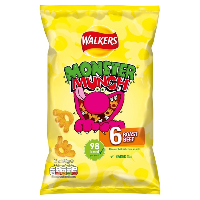 Walkers Monster Munch Roast Beef flavour corn snacks multipack 6x20g (British brand)