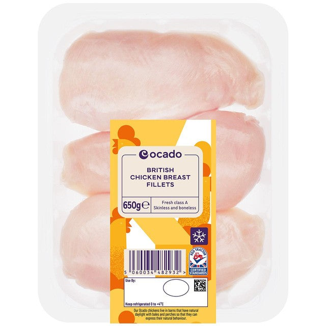 Ocado skinless boneless chicken breast fillets 650g, imported from the UK