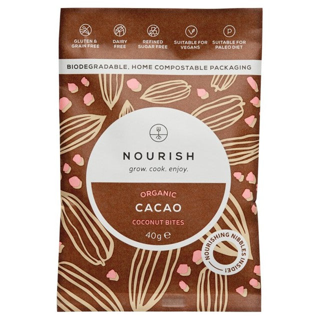 Nourish Organic Cacao Coconut Bites 40g, imported from the UK