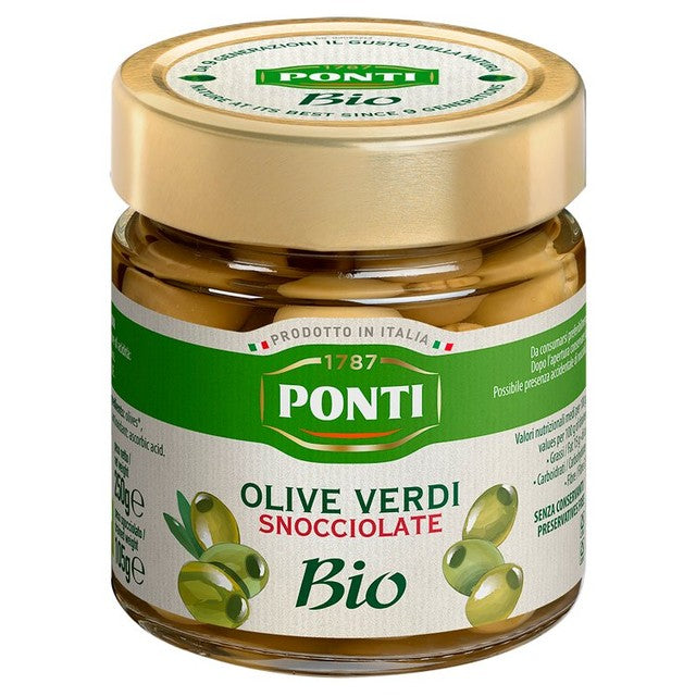 Ponti Organic Pitted Green Olives 250g, imported from the UK