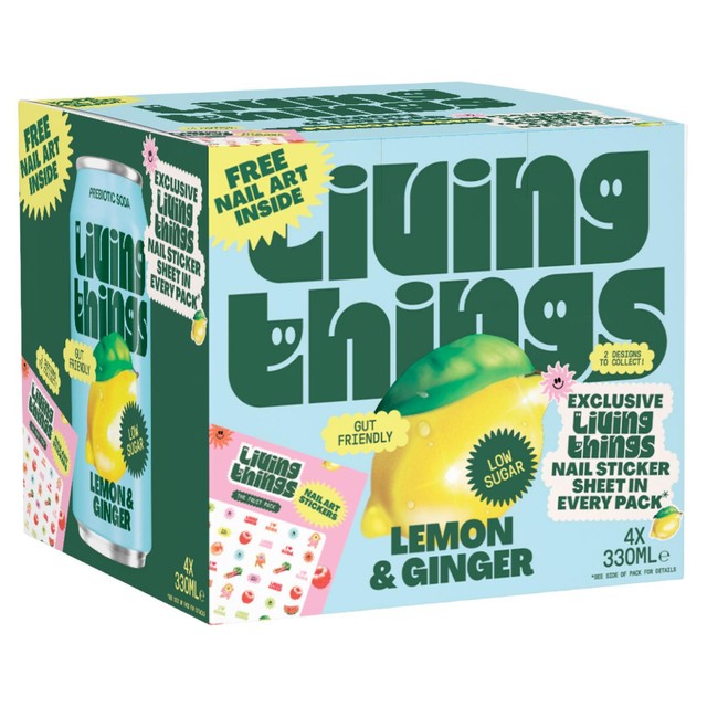 Living Things Lemon & Ginger Biotic Soda 4 x 330ml, UK version