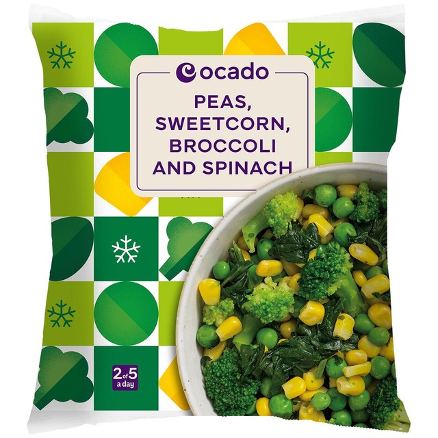 Ocado frozen mixed greens and sweetcorn steam bags 640g, imported from the UK