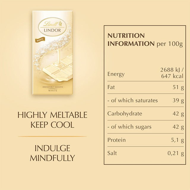Lindt Lindor white chocolate bar 100g, UK version