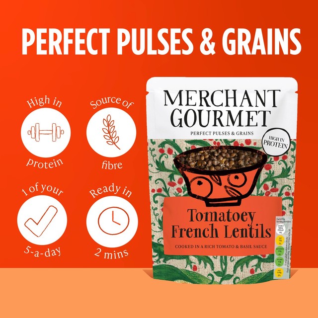 Merchant Gourmet Tomatoey Lentils 250g, imported from the UK