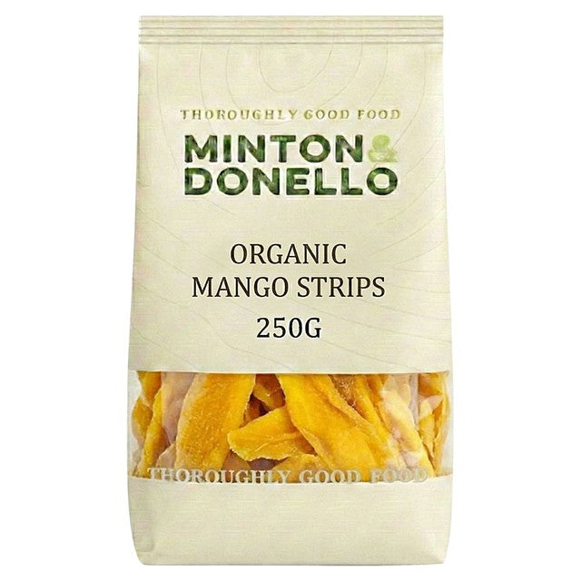 Minton & Donello Organic Mango Strips 250g, imported from the UK