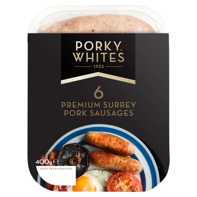 Porky Whites Surrey premium pork sausages 400g, imported from the UK