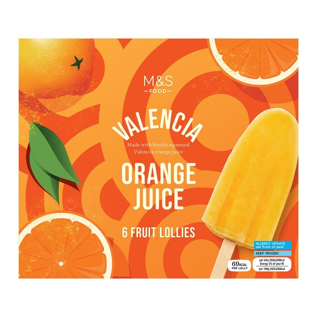 M&S Valencia orange juice ice lollies 6 x 80g, imported from the UK