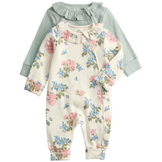 M&S floral frill collar sleepsuit ivory 3-6 months, imported from the UK