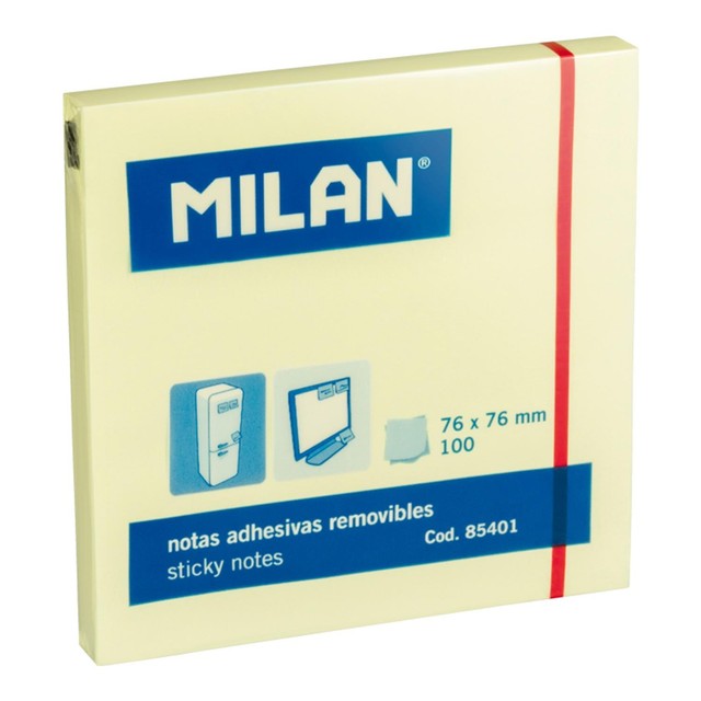 Milan sticky notes pad with 100 light yellow sheets, 76x76mm, imported from the UK