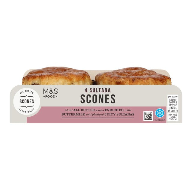 M&S sultana scones 4 pack, imported from the UK