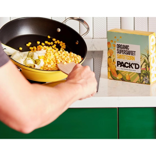 Pack'd Organic Super Sweet Sweetcorn frozen 450g, imported from the UK