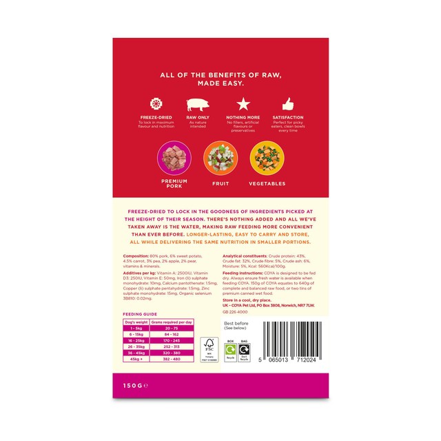 Coya freeze-dried raw dog food pork 150g - British product