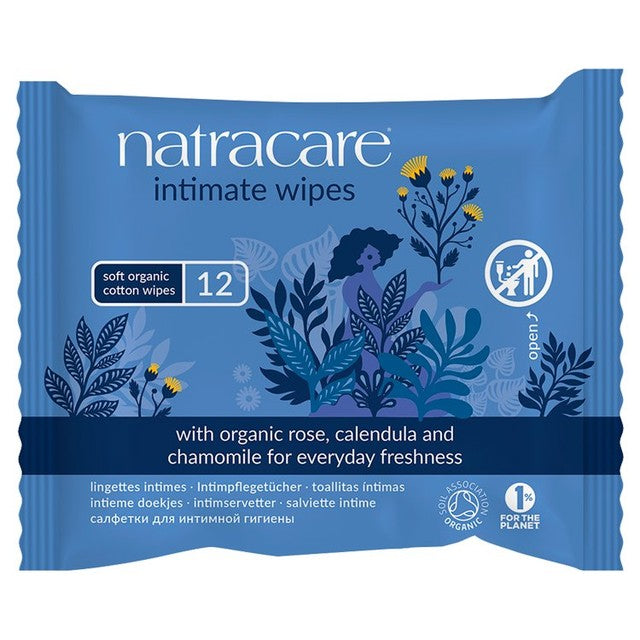 Natracare organic intimate wipes 12 pack, imported from the UK