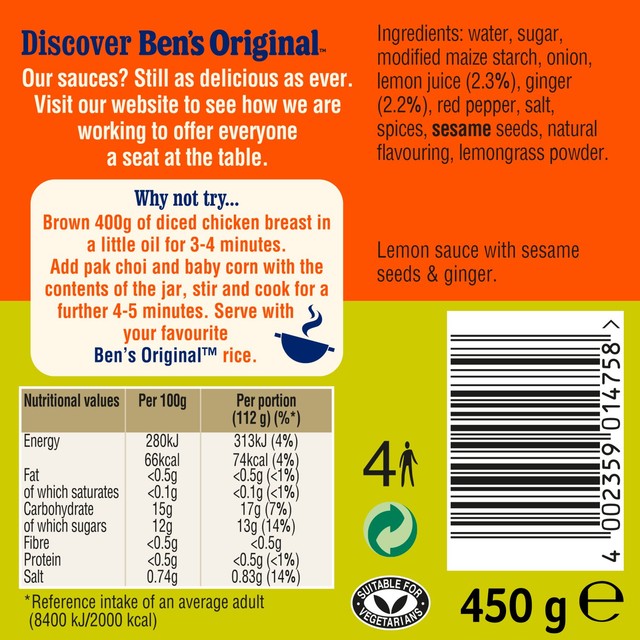 Ben's Original Lemon Chicken Sauce 450g - British product
