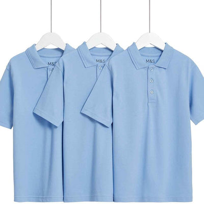 M&S Unisex Stain Resist Polo Shirt 11-12 Y Blue 3 Pack
