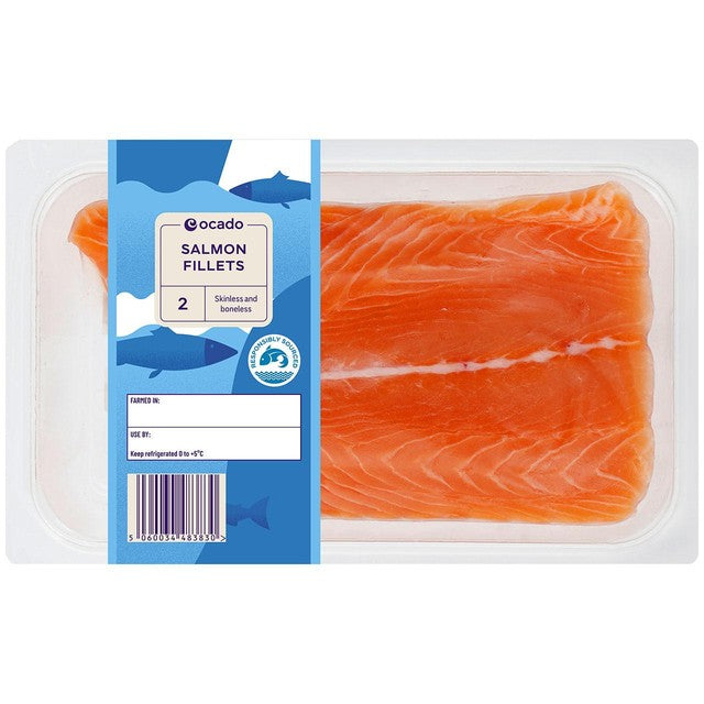 Ocado salmon skinless mid tail fillets 240g, imported from the UK