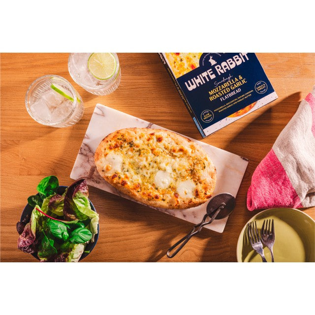 White Rabbit Pizza Co sourdough mozzarella garlic flatbread 210g (British brand)