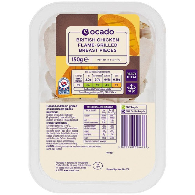 Ocado flame-grilled chicken breast pieces 150g, imported from the UK