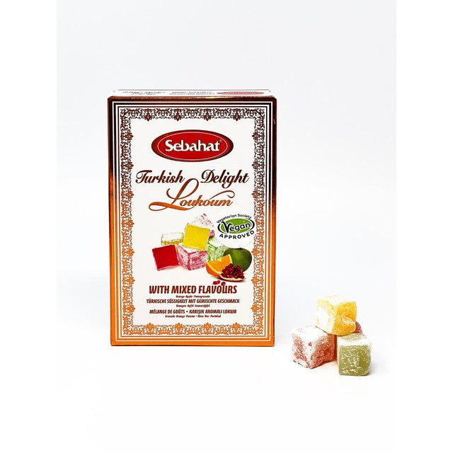 Sebahat Turkish Delight mixed flavours orange, apple and pomegranate 200g box (British brand)
