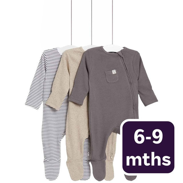 M&S Cotton Striped Plain Sleepsuit Grey 6-9 Months, imported from the UK