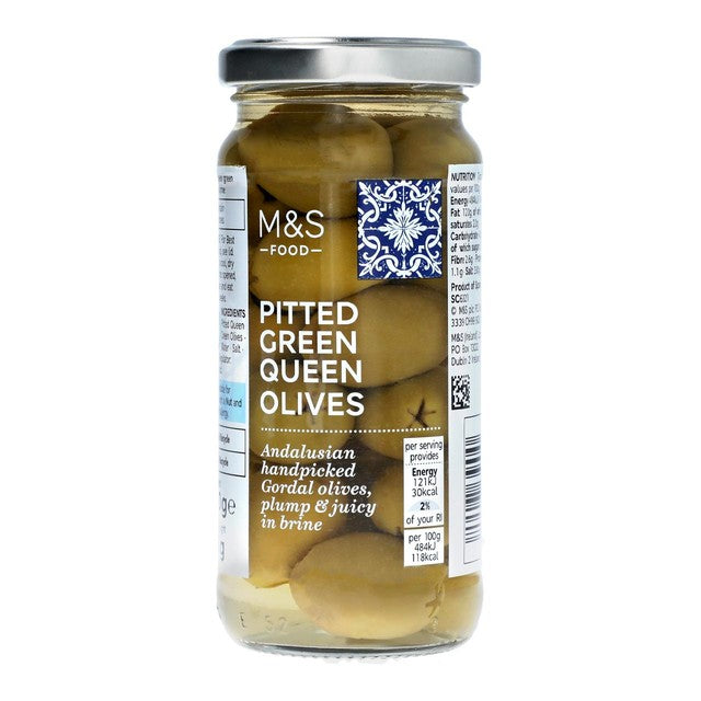 M&S pitted green queen olives in brine 225g, imported from the UK