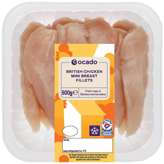Ocado mini chicken breast fillets 500g, imported from the UK
