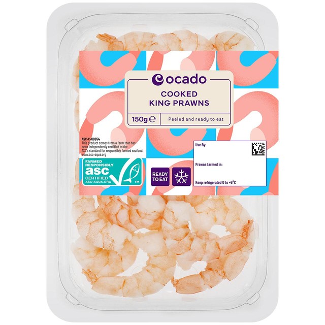 Ocado peeled cooked king prawns 150g, imported from the UK