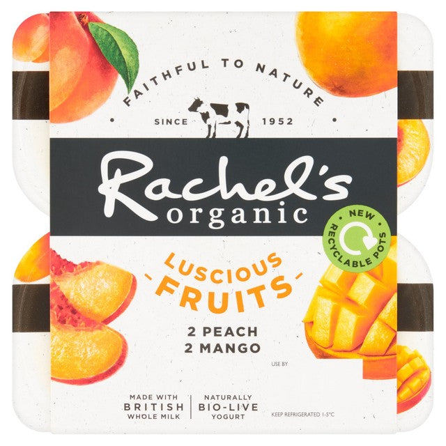 Rachel's Peach & Mango bio live yogurt 4 x 110g, imported from the UK