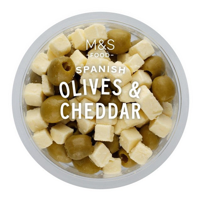 M&S Manzanilla olives and cheddar cheese pot 180g, imported from the UK