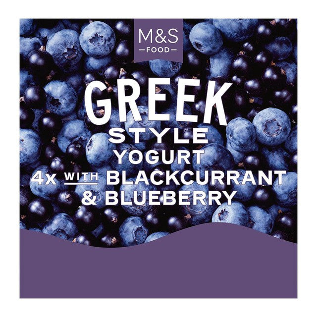 M&S Greek Style Yogurt Blackcurrant & Blueberry 4x140g, imported from the UK