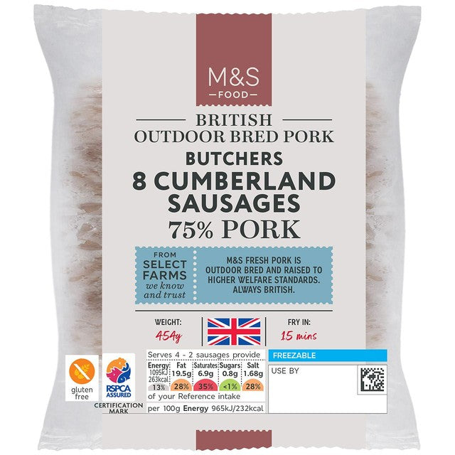 M&S Cumberland pork sausages 454g, imported from the UK