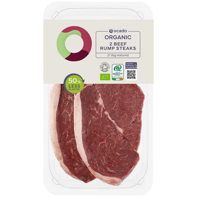 Ocado organic 2 beef rump steaks 400g, imported from the UK