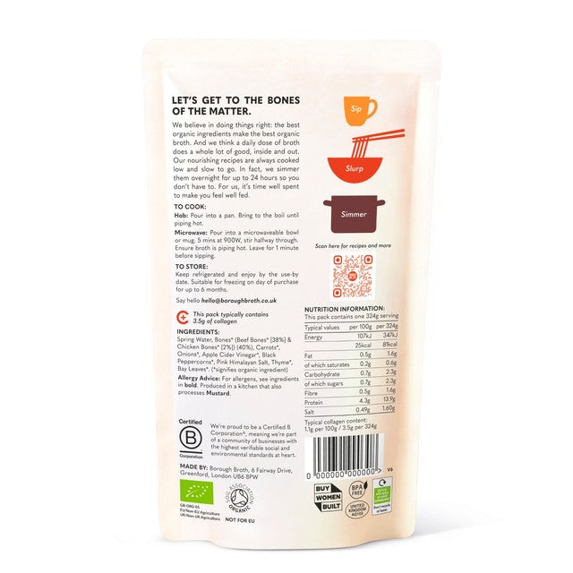 Borough Broth Beef Bone Broth Grass-Fed Organic 324g - British product
