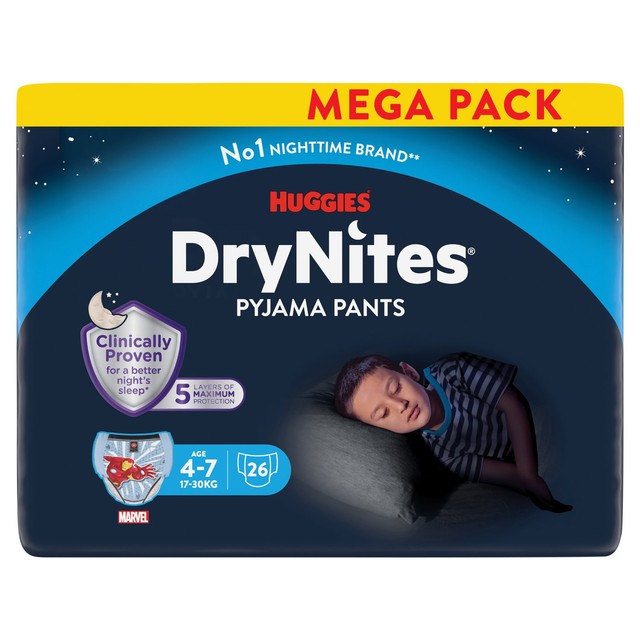 Huggies DryNites nighttime underwear for boys 4-7, mega pack - British product