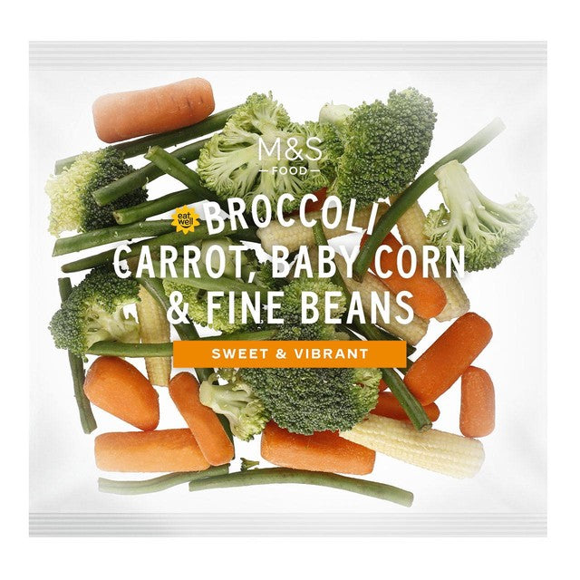 M&S Broccoli Carrot Baby Corn Green Beans 320g, imported from the UK