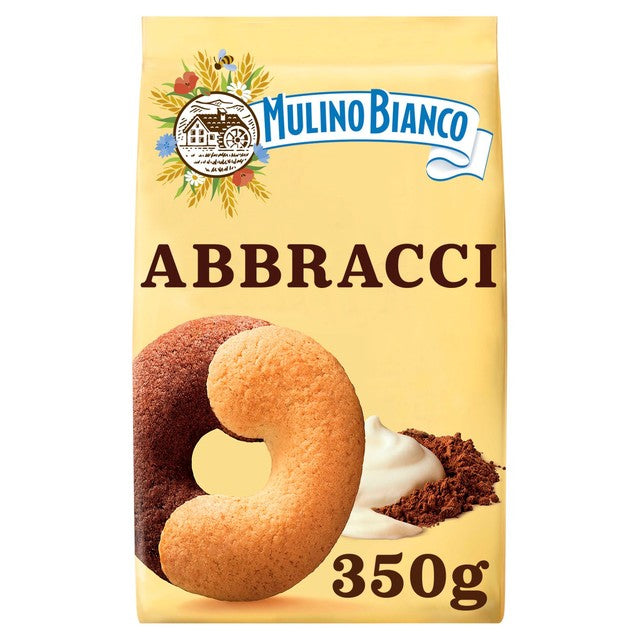 Barilla Mulino Bianco Abbracci biscuits with cocoa and cream 350g, imported from the UK