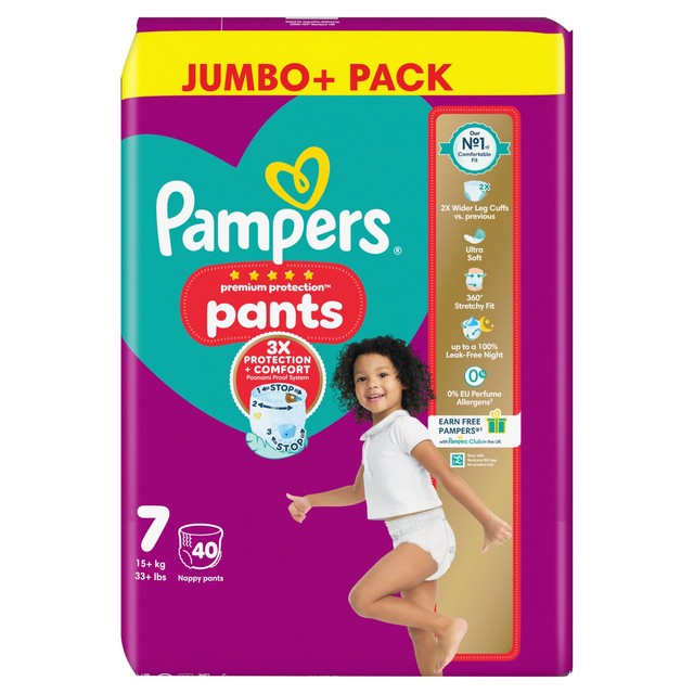 Pampers Premium Protection nappy pants size 7 jumbo pack, imported from the UK