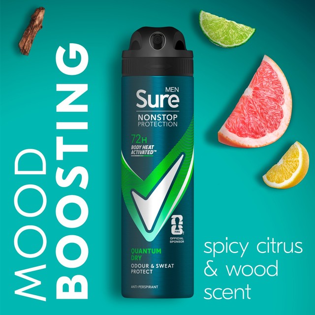 Sure men's antiperspirant deodorant spray Quantum Dry 150ml (British brand)