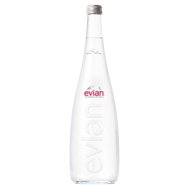 Evian still mineral water 750ml glass bottle - British product