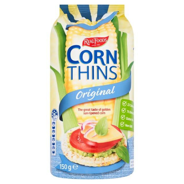 Real Foods corn thins 150g, imported from the UK