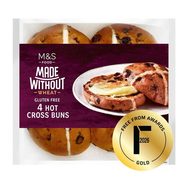 M&S gluten-free hot cross buns 4 per pack, imported from the UK