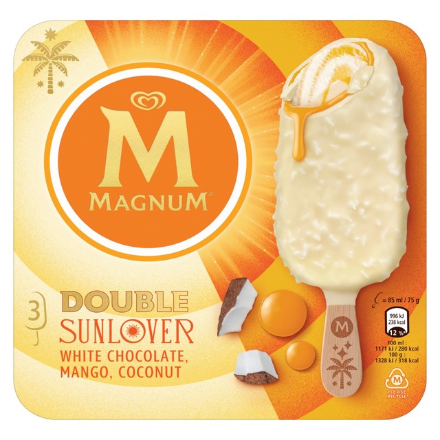 Magnum mango and coconut ice cream sticks 3 x 85ml, imported from the UK