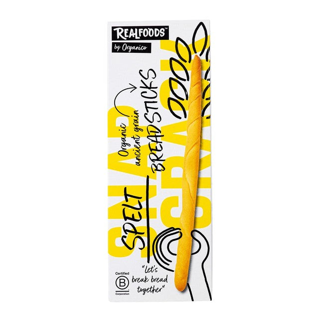 Realfoods by Organico organic spelt breadsticks 120g, imported from the UK