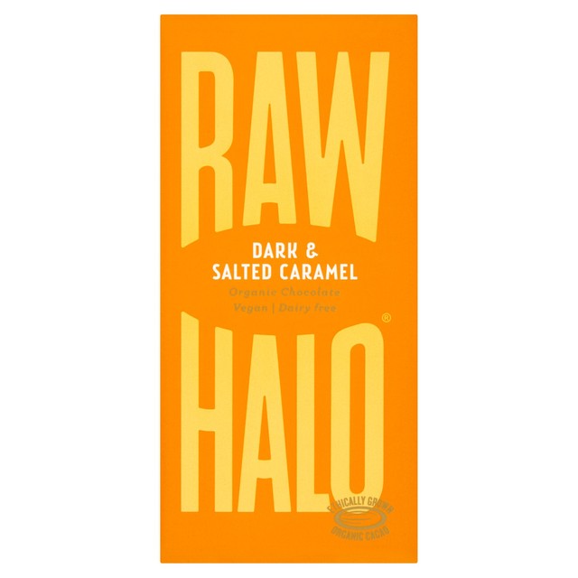 Raw Halo vegan dark salted caramel chocolate bar 70g, imported from the UK
